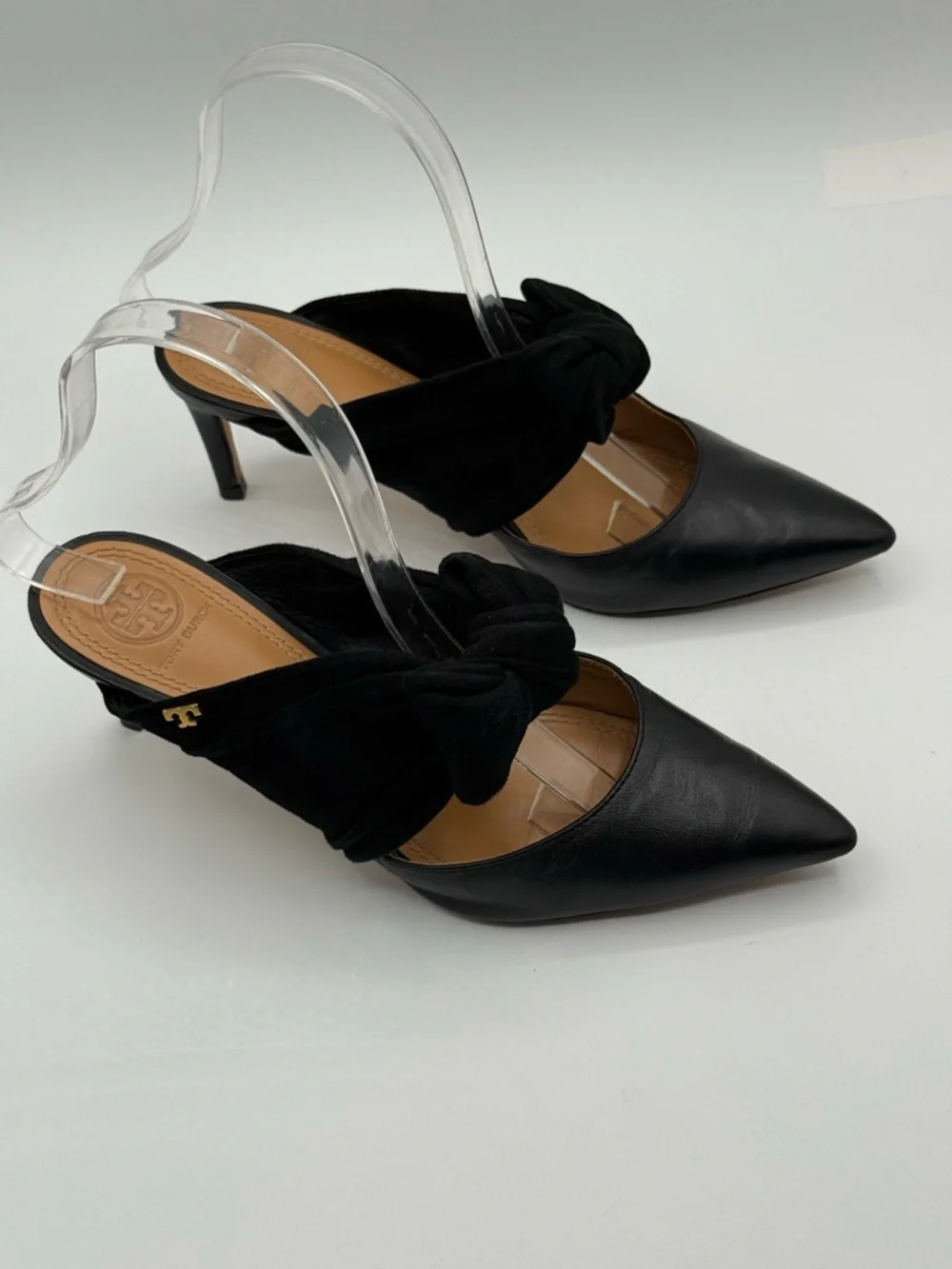 Tory Burch Eleanor Black Leather Pointed Toe Mule Heels w/ Velvet Bow Size 7